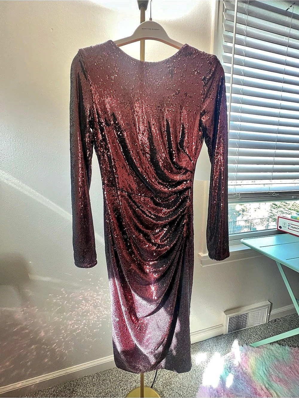 Ruched Sequin Midi Dress in Purple Like New